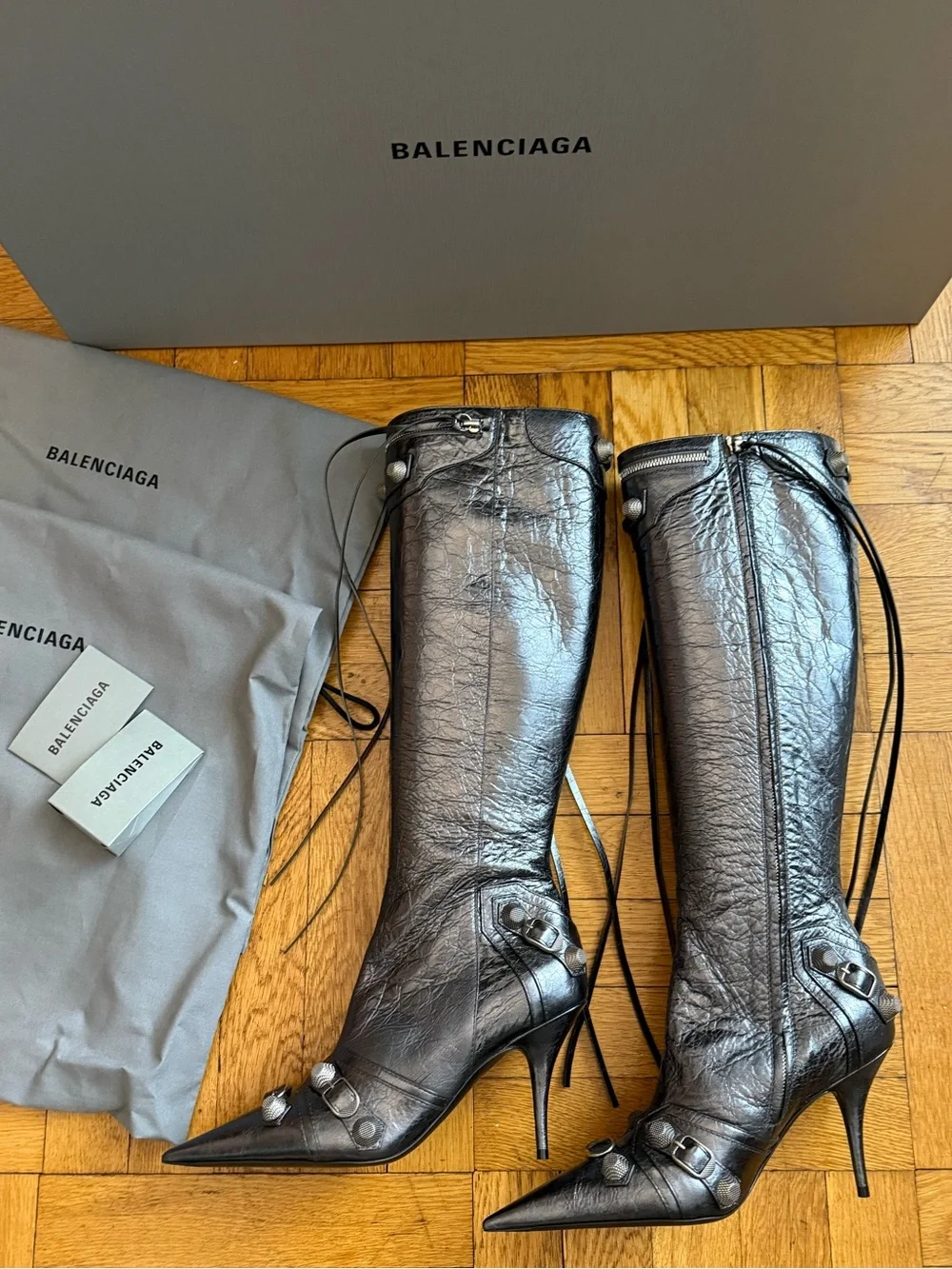 BALENCIAGA Le Cagole studded crinkled-leather knee boots